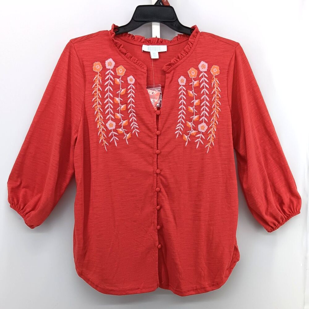 Bunulu Blouse Womens Size XL Burnt Orange 3/4 Balloon Sleeve Button Up Top NWT
